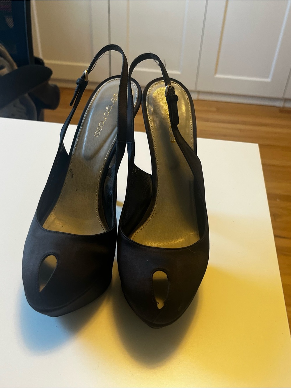 Sergio Rossi Black Suede Slingback Peep-Toe Heels